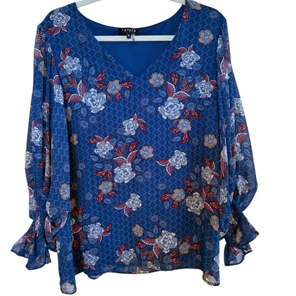 1. State Blue Pink Ruffled Long Sleeve Blouse - Picture 1 of 5